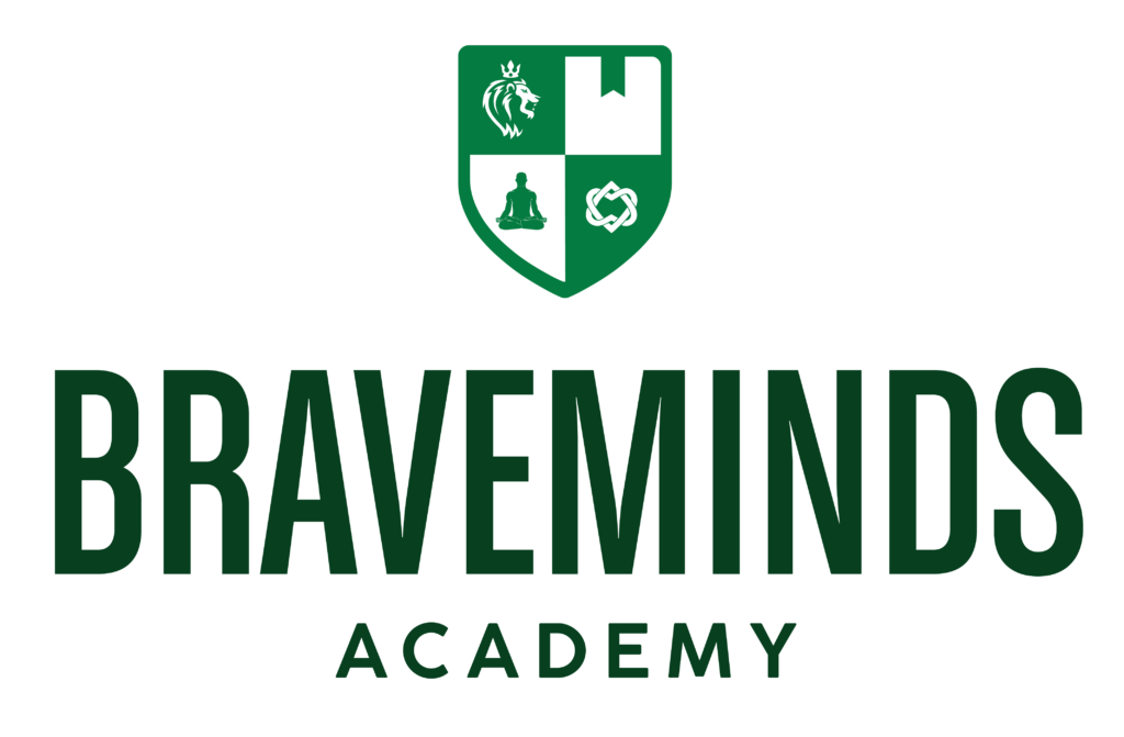 Shield with four-quadrant crest featuring lion, book, meditating figure, and knot; bold text "BRAVEMINDS ACADEMY" below.