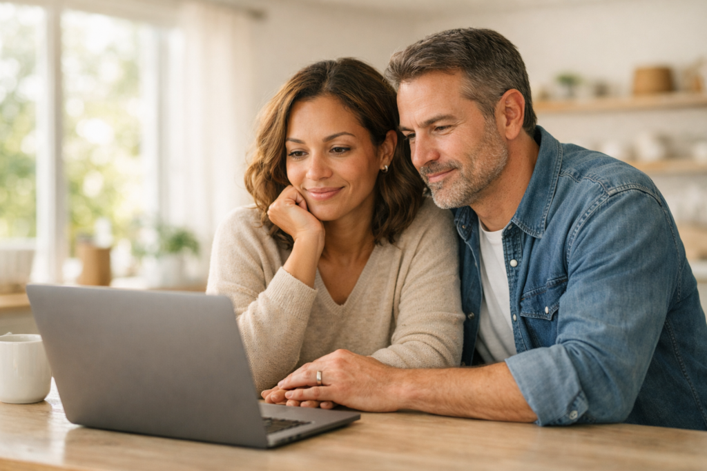 Couple smiling at laptop in bright kitchen, leaning close together.