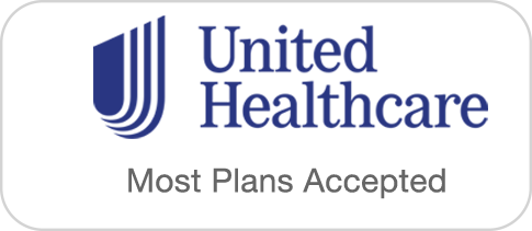 Black rounded rectangle with UnitedHealthcare logo and “Most Plans Accepted” text.