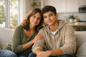 A woman and a teenage boy sit close on a sofa in a bright living room, smiling.
