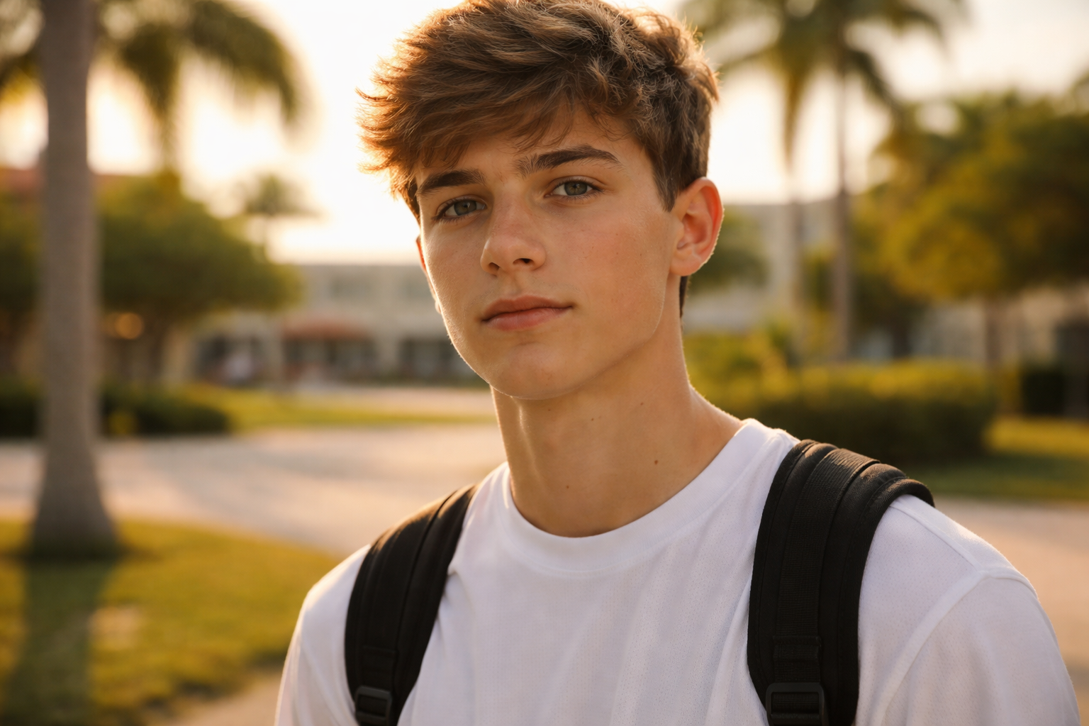 Young man with short light brown hair wearing a white T-shirt and backpack outdoors.