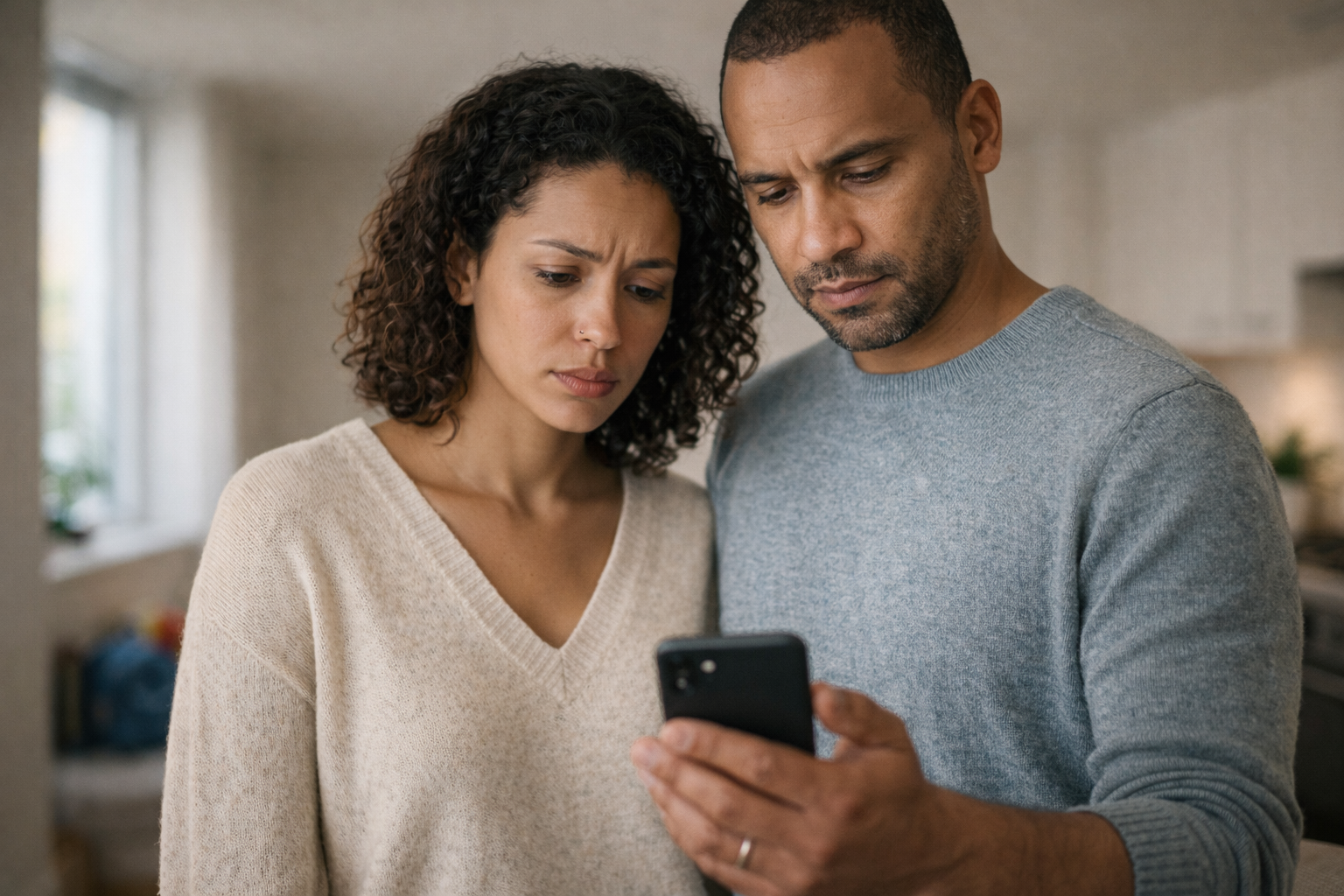 Couple looks at a smartphone with serious expressions indoors.