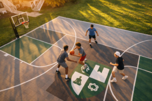 Four young men playing basketball on an outdoor court at sunset, one dribbling while two guard and another watches.