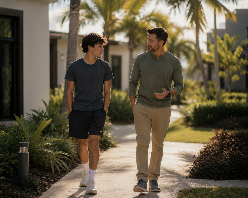 Two men walking and talking on a sunny suburban sidewalk.