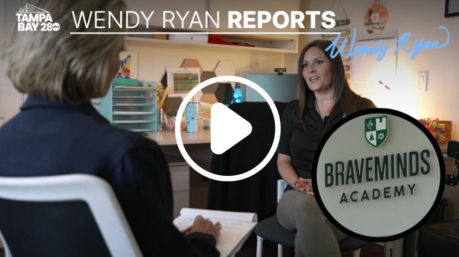 Interviewer and guest talk in a cozy office with Braveminds Academy logo overlay.
