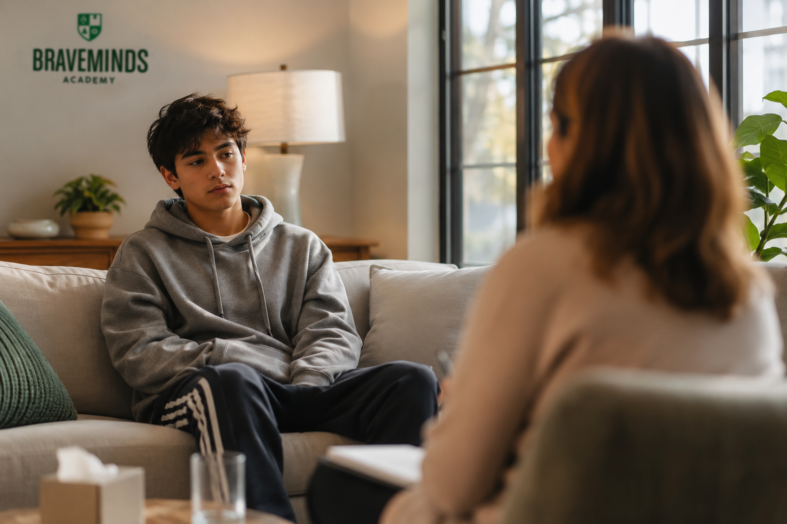Young man in gray hoodie sitting on a beige couch during a therapy session at Braveminds Academy.