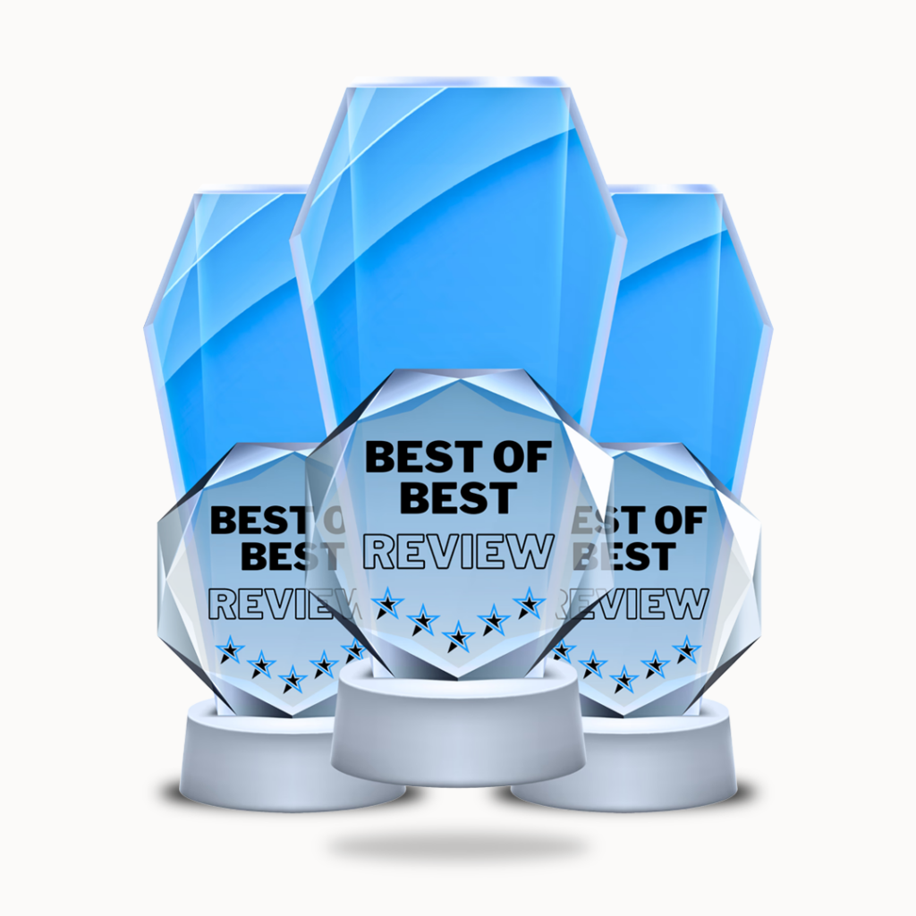 Group of blue crystal trophies with “BEST OF BEST” and “REVIEW” labels and star accents.