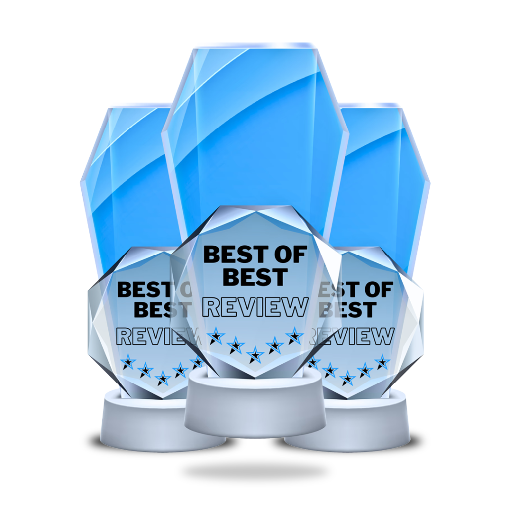 Blue crystal trophies and faceted medals with “BEST OF BEST” and “REVIEW” on a pedestal.