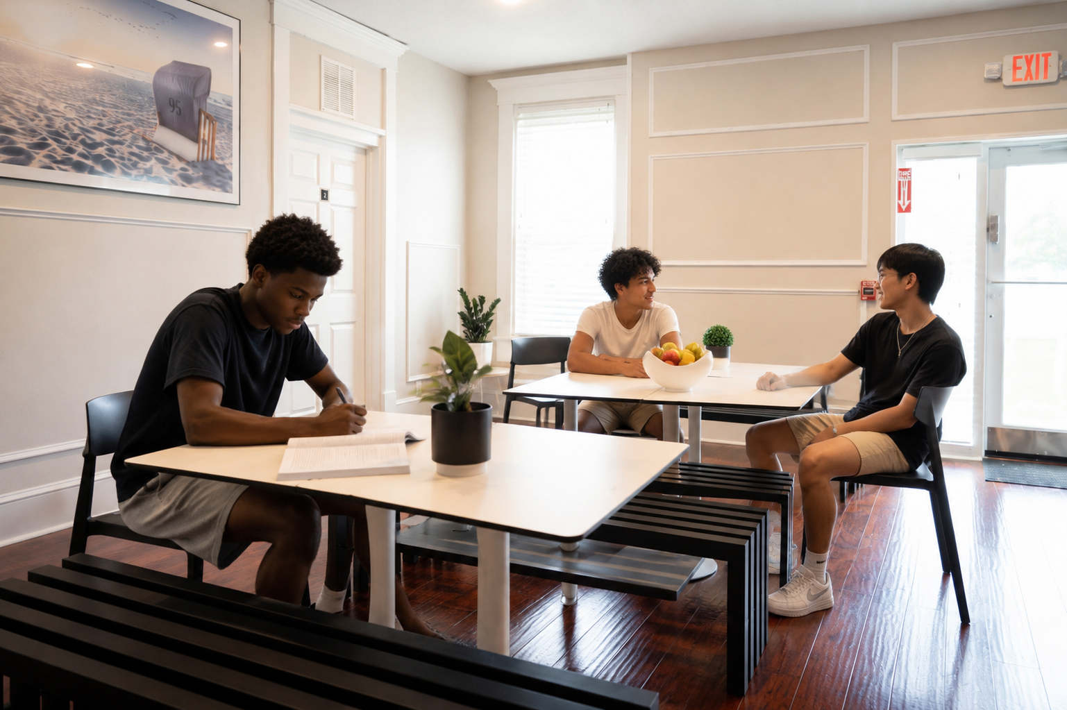 Three young men sit at separate tables in a bright room, one writing, others chatting, with a fruit bowl on a table.