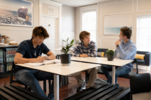 Three young men sit at a white table in a bright lounge, one studying, others talking.
