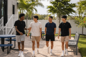 Four young men walk and chat along a brick path outdoors, smiling and dressed casually.