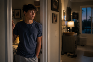 Young man in a navy T-shirt stands in doorway, looking away, dim bedroom light behind.