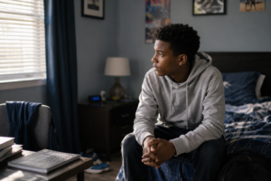Young man in gray hoodie sits on bed in a dimly lit bedroom, pensively looking aside.