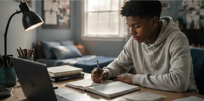 Student studies at desk with laptop, notebook, and books in a softly lit room.