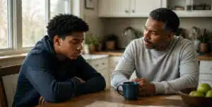 Two men sit at a kitchen table, one younger in a navy hoodie, other older man in gray shirt.