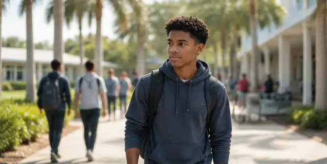 Young man with backpack walking on campus walkway, others in background.