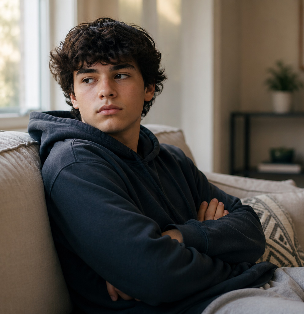 Young man in a dark hoodie sits on a couch indoors, arms crossed, looking to the side.
