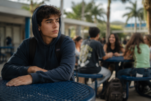 Young man in navy hoodie sits at blue metal table outdoors, backpack on shoulders.