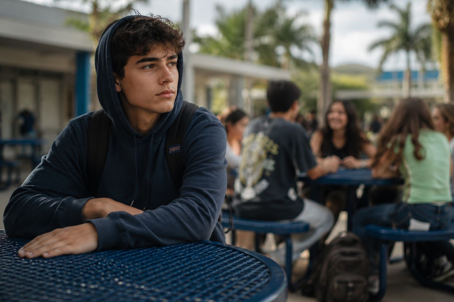 Young man in navy hoodie sits at blue metal table outdoors, backpack on shoulders.