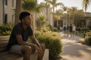 Young man sits on a bench along a sunny campus walkway with palm trees.