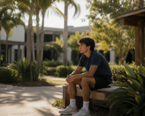 Young man sitting on a wooden bench outdoors, wearing a dark t-shirt and shorts.