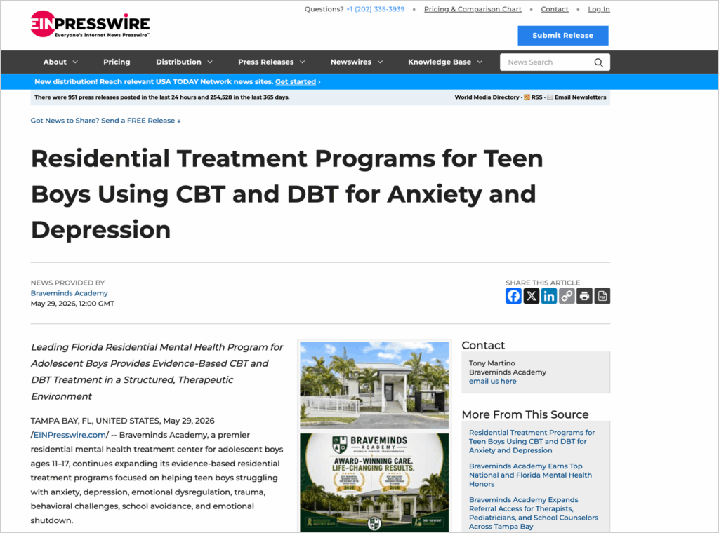 News article header and layout on EinPresswire about teen CBT/DBT treatment programs.