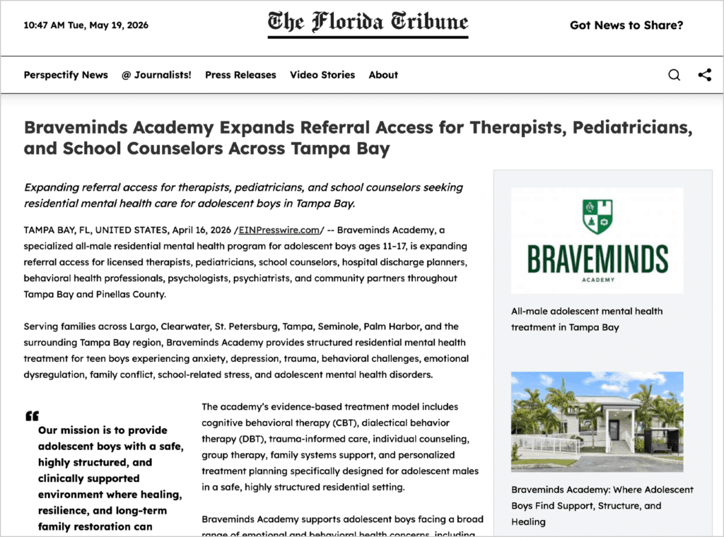 Braveminds Academy logo with article sidebar on a news webpage layout.