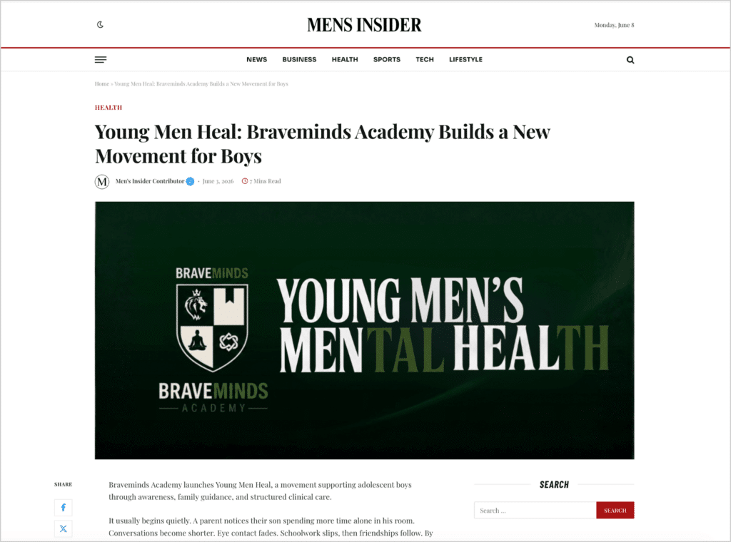 Green Braveminds promo image with large “Young Men’s Mental Health” text and logo.
