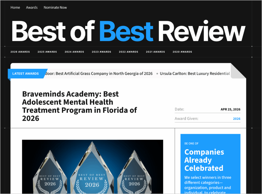 Dark website header with large “Best of Best Review” title and a blue-accented logo, navigation, and a highlighted article card labeled “LATEST AWARDS” featuring a bold title about Braveminds Academy and a date/