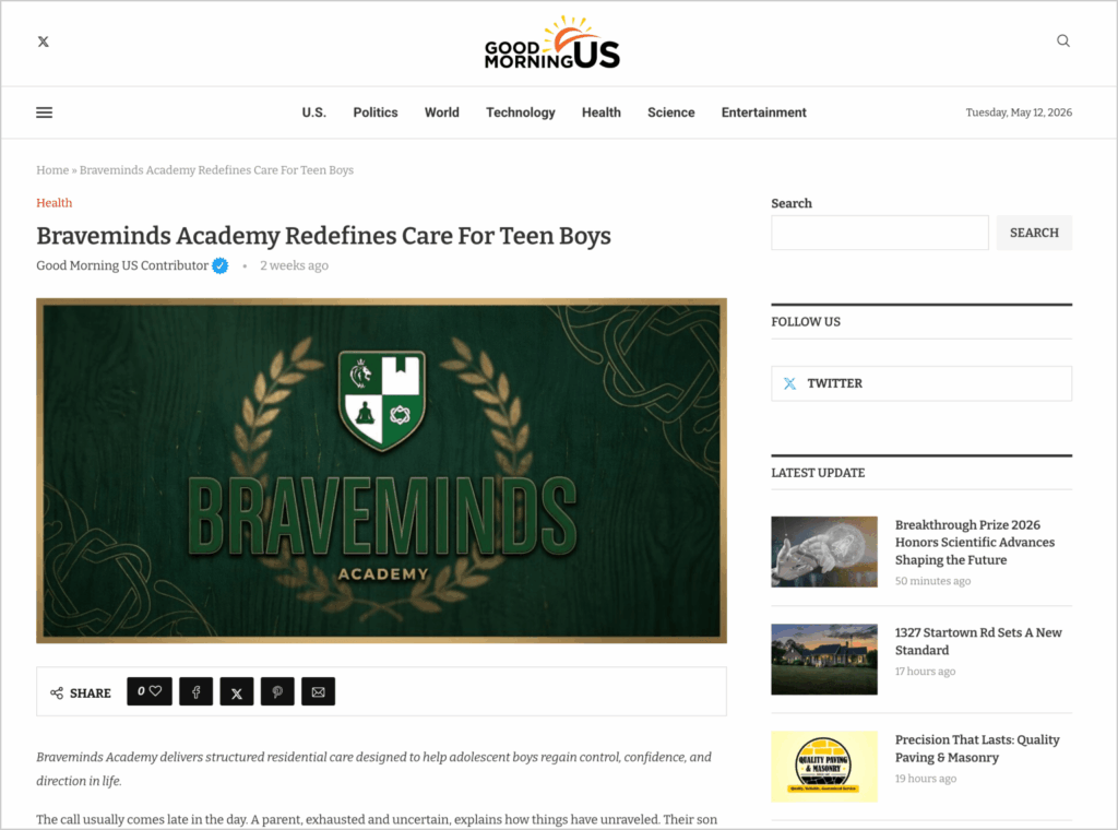 A webpage article from Good Morning America labeled “Braveminds Academy Redefines Care For Teen Boys,” featuring a large green image with the Braveminds Academy logo and emblem, a sidebar with a search box, follow section, and latest updates.
