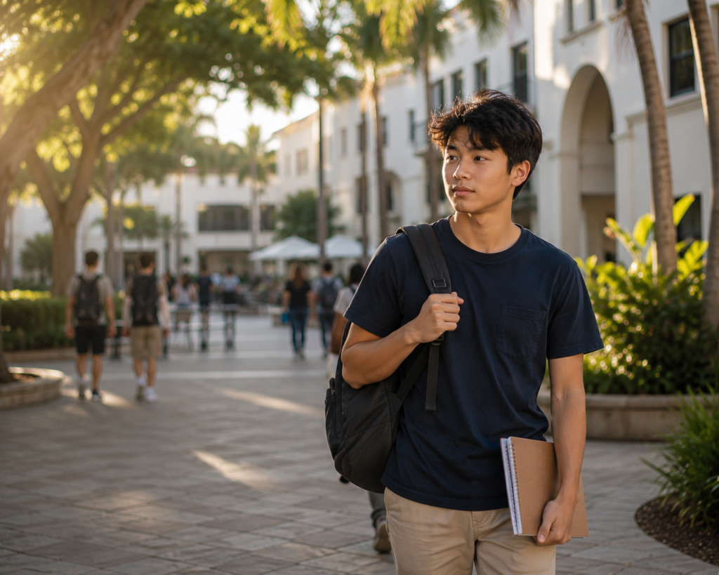 Young man with backpack walking on campus path, holding notebook and folder.