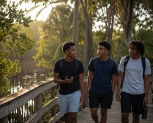 Three young men with backpacks walking on a wooden boardwalk in a sunlit forest.