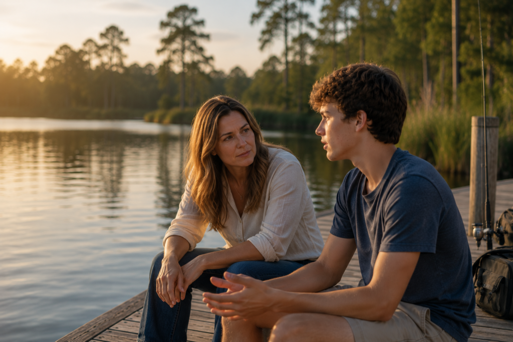 Two people sit on a wooden dock by a calm lake at sunset, talking warmly.
