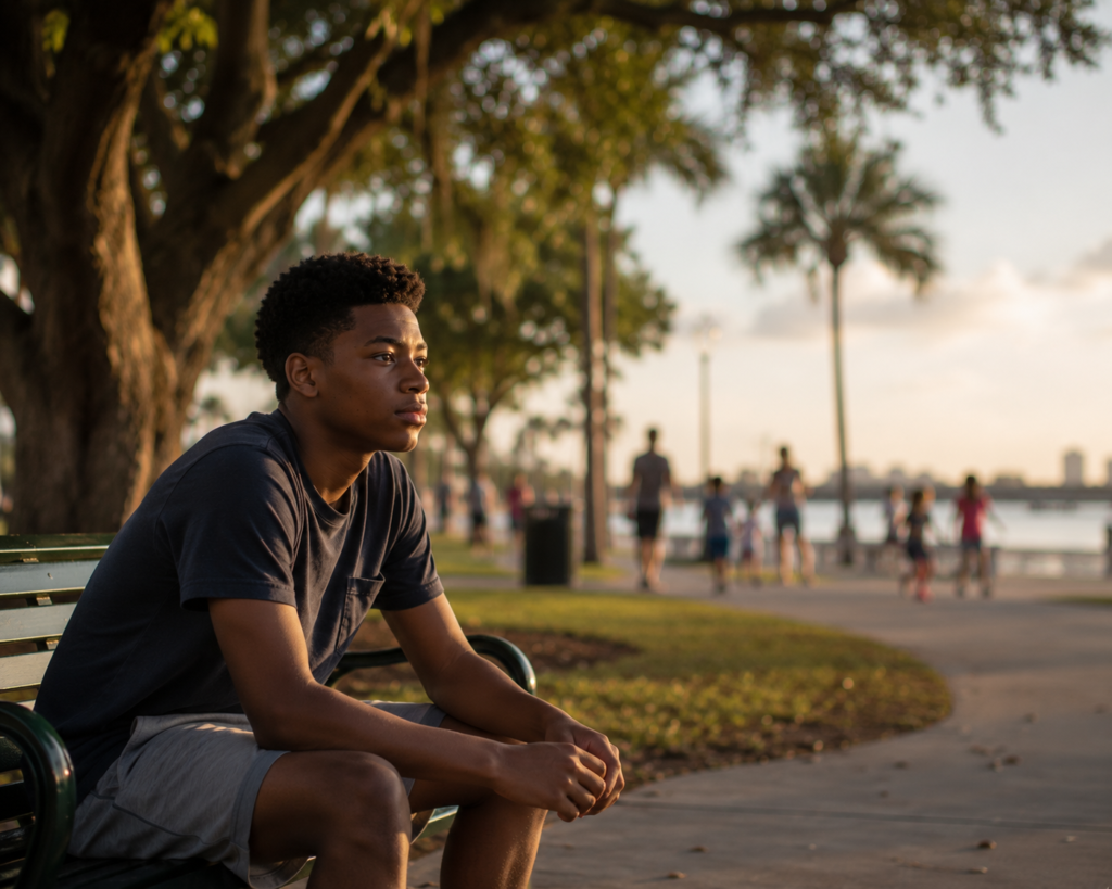 Young man sits on a park bench near a waterfront at sunset, thoughtful expression.
