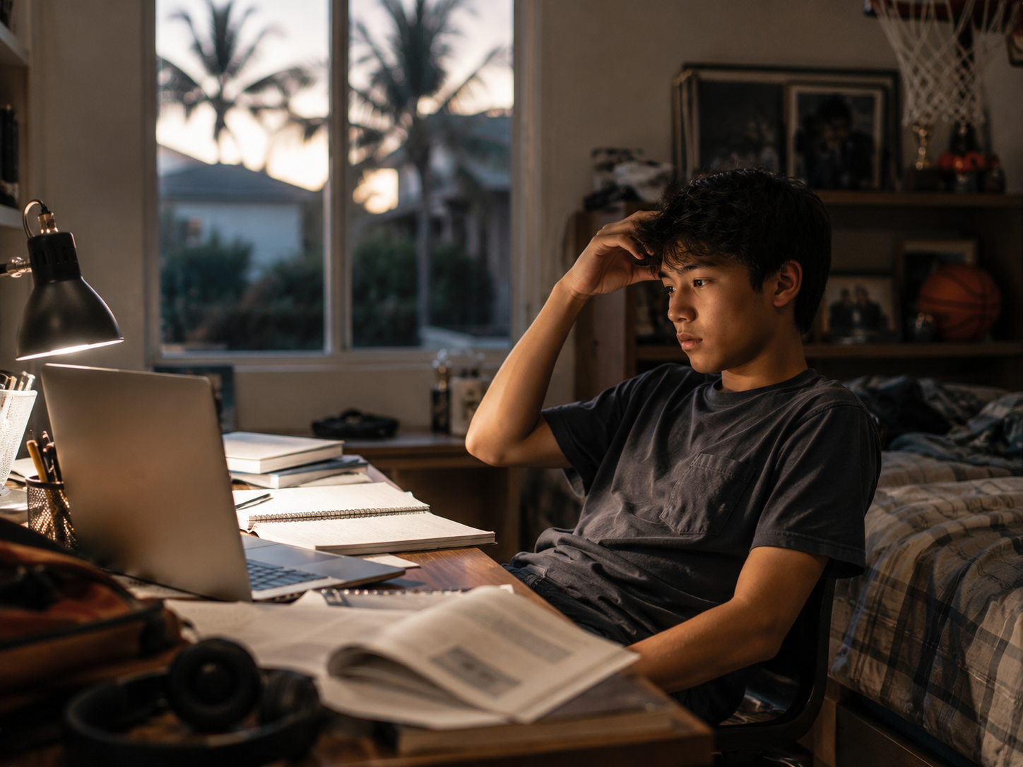 Teen student at desk with laptop, books, and messy room at dusk.