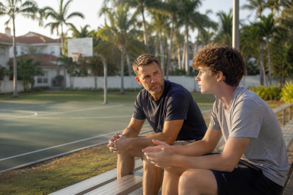 Two men sit on park bleachers beside a basketball court, talking.