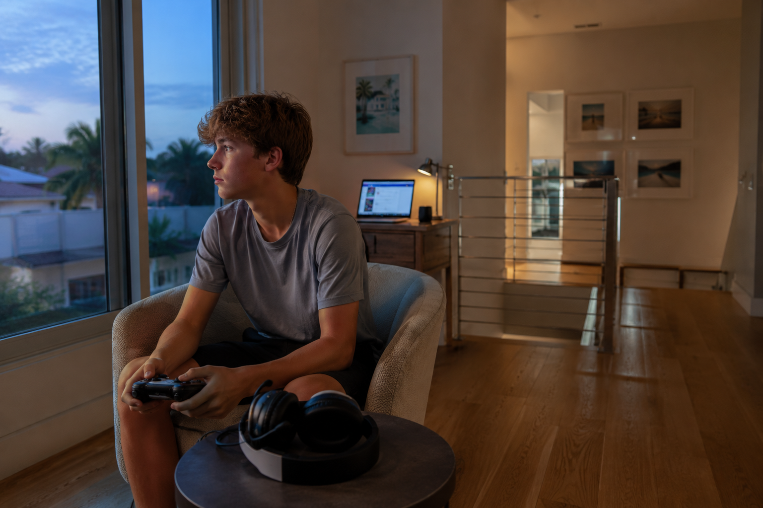 Young man sitting in living room at dusk, holding a game controller, by a large window.