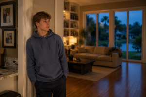 Young man in a blue hoodie leaning in doorway inside a warmly lit living room.