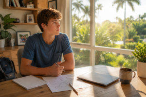 Young man sketching at a wooden table by a sunny window with notebook and laptop nearby.