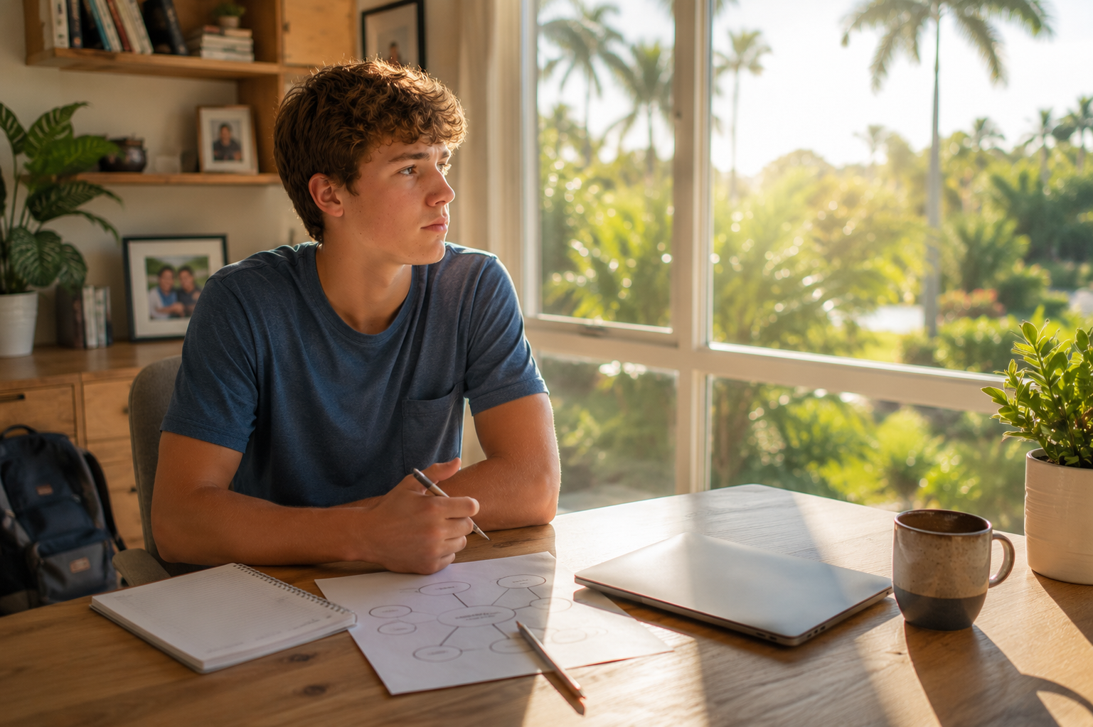 Young man sketching at a wooden table by a sunny window with notebook and laptop nearby.