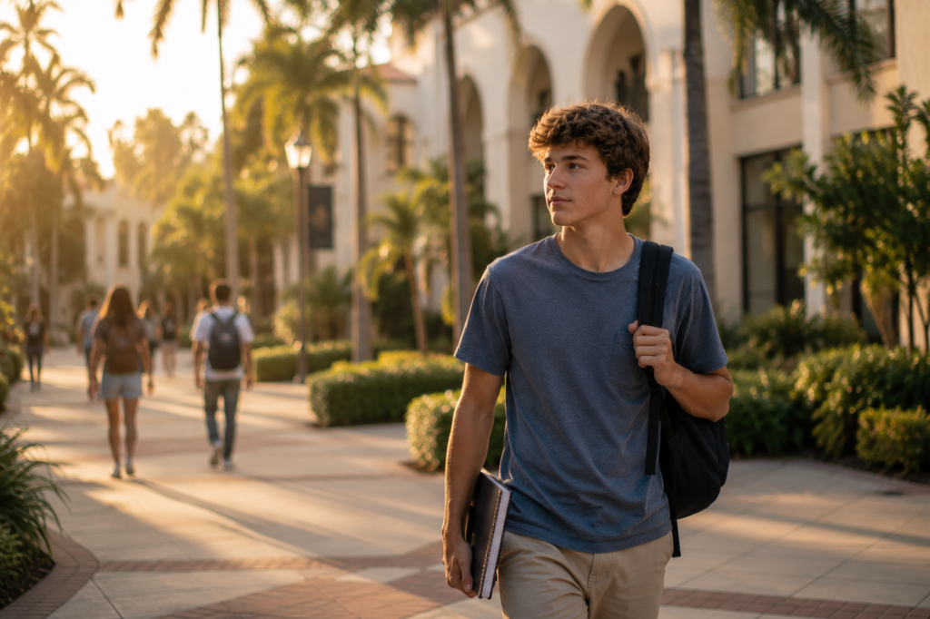 Young man walking on campus with notebook and backpack in warm, sunny afternoon.