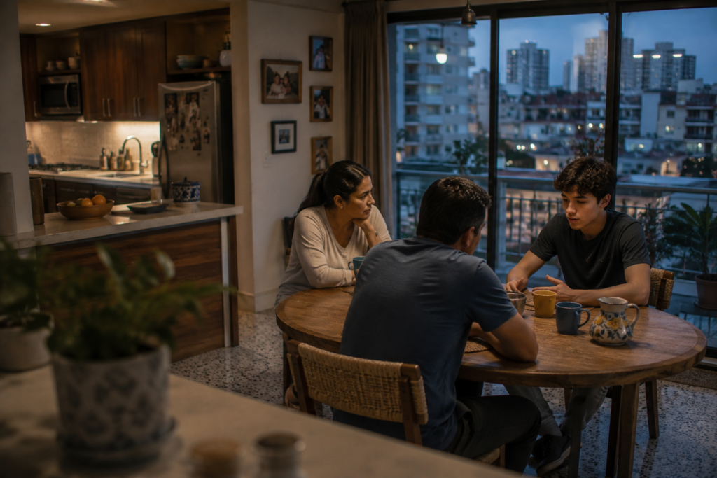 Latino parents talking with their struggling son