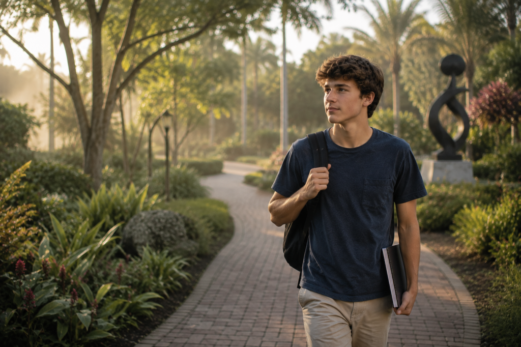 Son walking through campus appreciating life