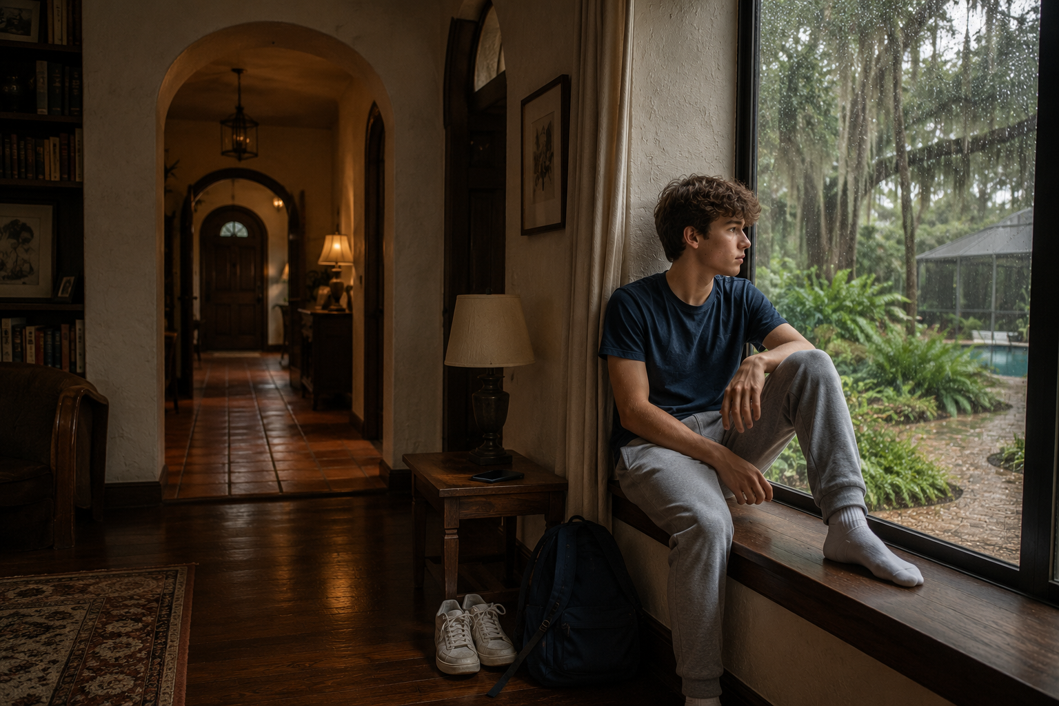 Traumatized teen looking out window