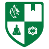 Green shield divided into four quadrants: white lion, notch shape, meditating figure, Celtic knot.