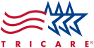 Black background with red wavy lines and blue star shapes, "TRICARE" text in red at bottom.