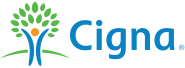 Logo with blue stylized figure under a green tree and orange head, "Cigna" text on black background.